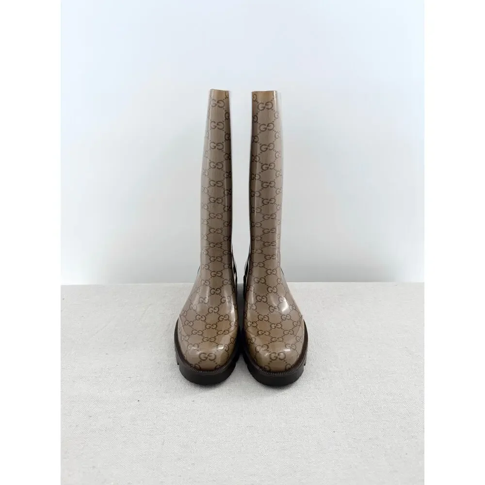 Gucci Monogram GG Edimburg Mid-Calf Rubber Outdoor Rain Boots Beige Womens 38